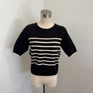 Nanette Lepore Black and Cream Striped Short Sleeved Sweater